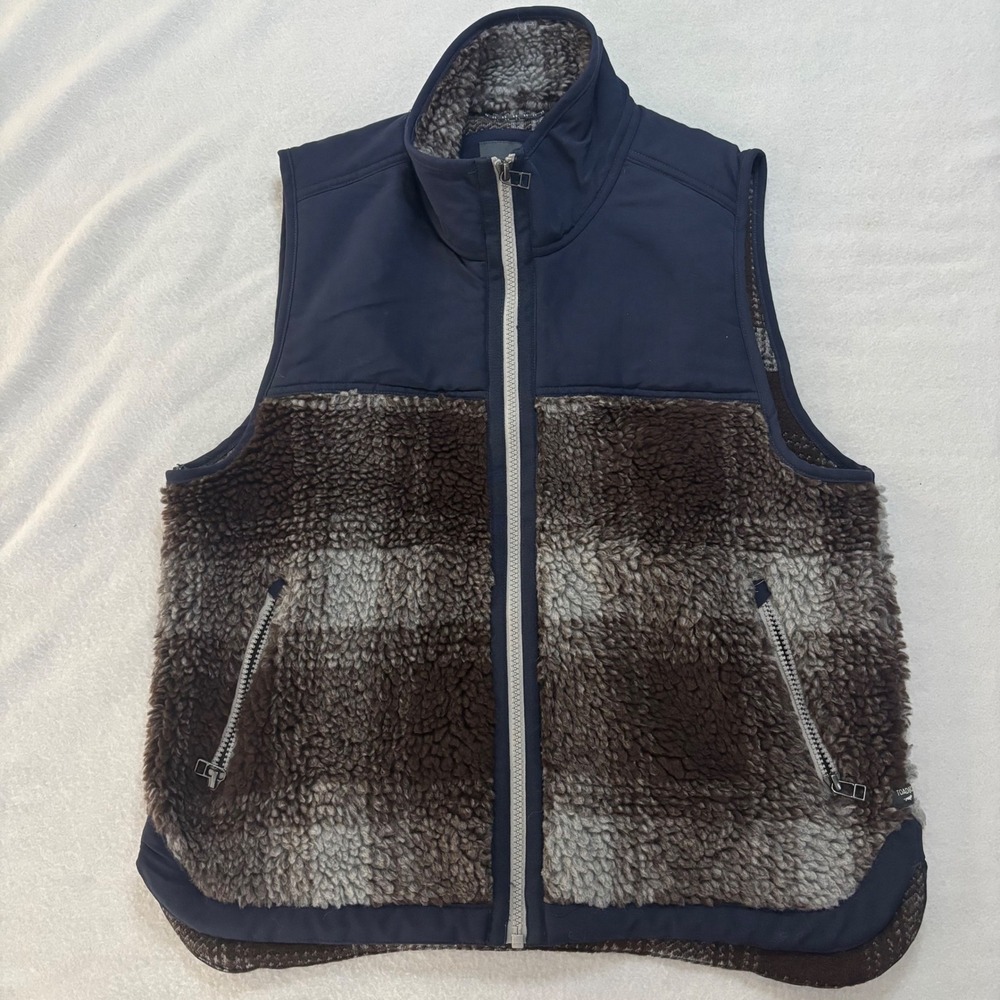 Toad&Co Womens Sespe Sherpa Vest Navy Brown Plaid Recycled Wool Full Zip L